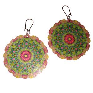 Pink and Green Wood Flower Mandala Earrings Boho Round Bohemian Festival KATTA